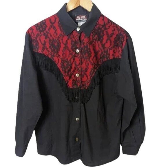 Western Unconventional Lace Button Top Fringe VTG Country Ozark Mountain Jean - Picture 1 of 5